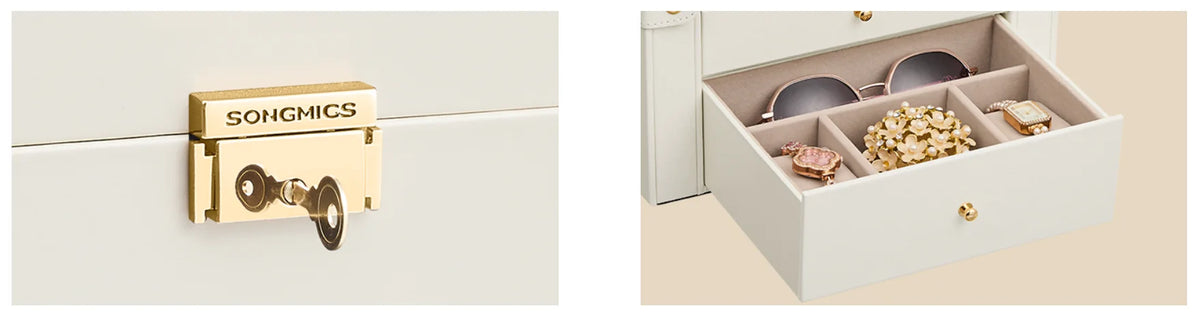SONGMICS 5-Level Jewelry Box with Mirror, Lock, and 4 Drawers, Spacious Jewelry Organizer for Necklaces, Earrings, and Watches, Cream White, Perfect Gift for Loved Ones, Durable PU and MDF Material