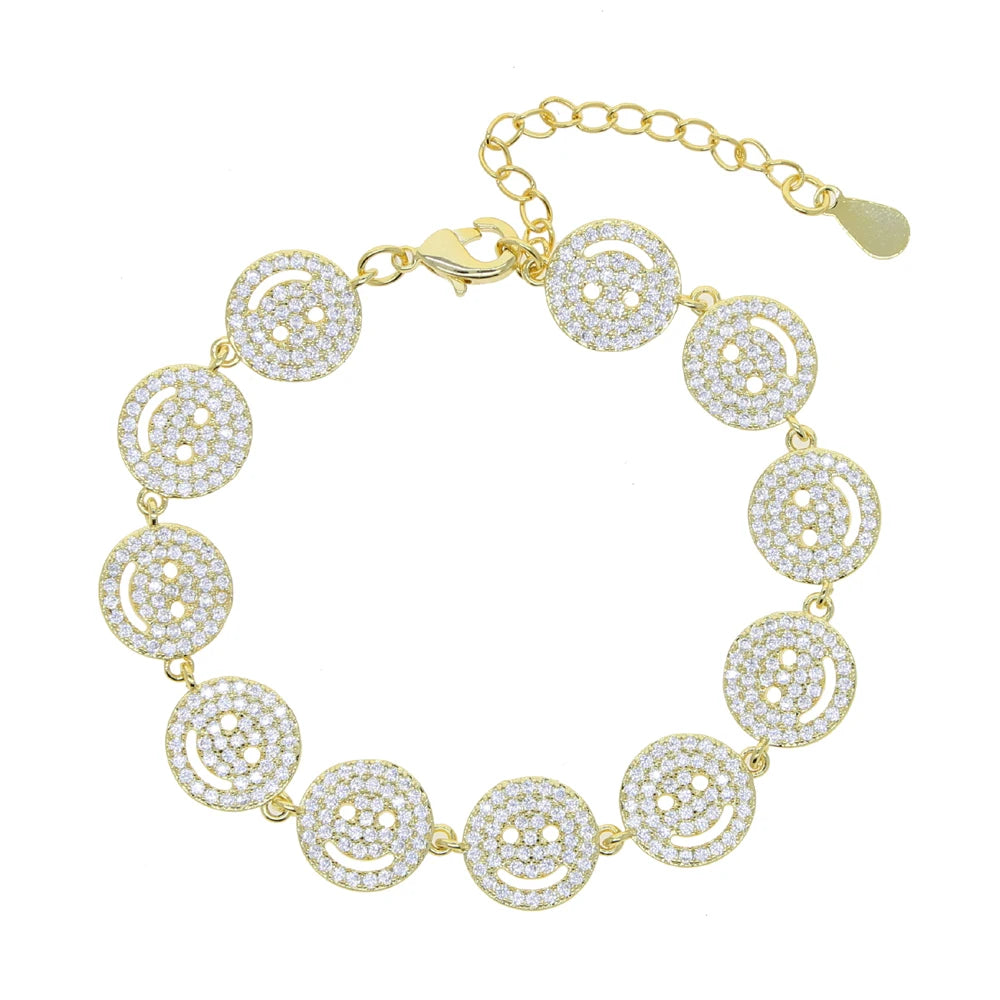 Braccialetti con ciondoli a disco con faccina sorriso felice, moda estiva, micro pavé di zirconi cubici, buona fortuna, per gioielli regalo di compleanno da donna