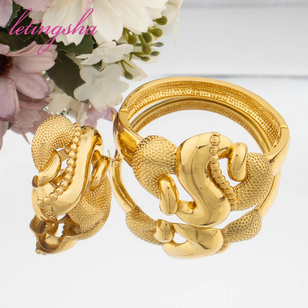 Colore oro rotondo Design spazzolato polsino braccialetto anello Set gioielli di moda Set per le donne nuovo Design braccialetto matrimoni gioielli da sposa