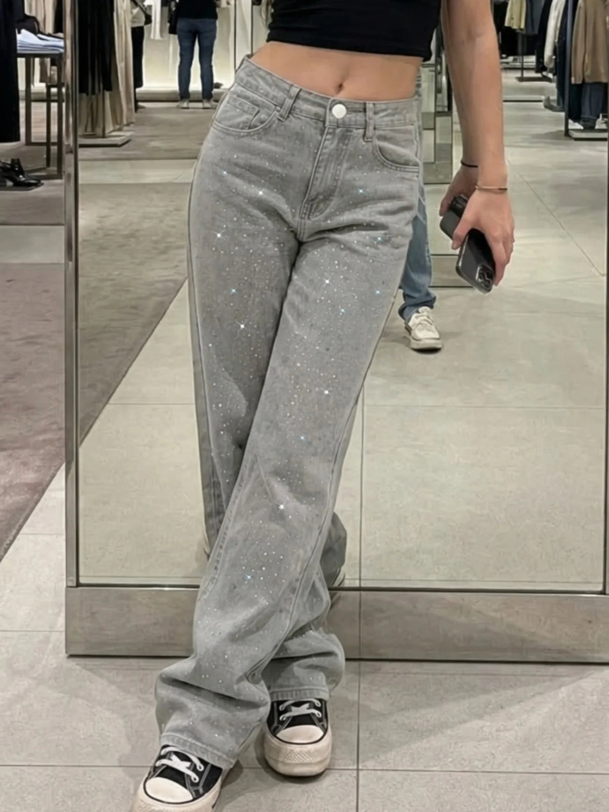 Pantaloni Larghi da Donna con Glitter e Decorazioni, Jeans Effetto Neve, Pantaloni Lunghi Elasticizzati alla Moda, Casual