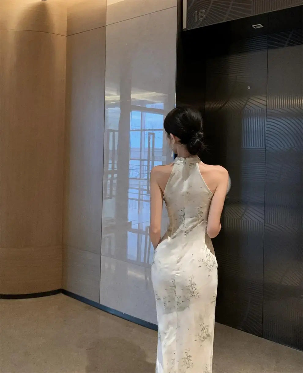 Abito lungo a vita alta senza maniche, stile retrò, con perline, modello cheongsam migliorato, aderente e snellente, per il tempo libero e il commuting.