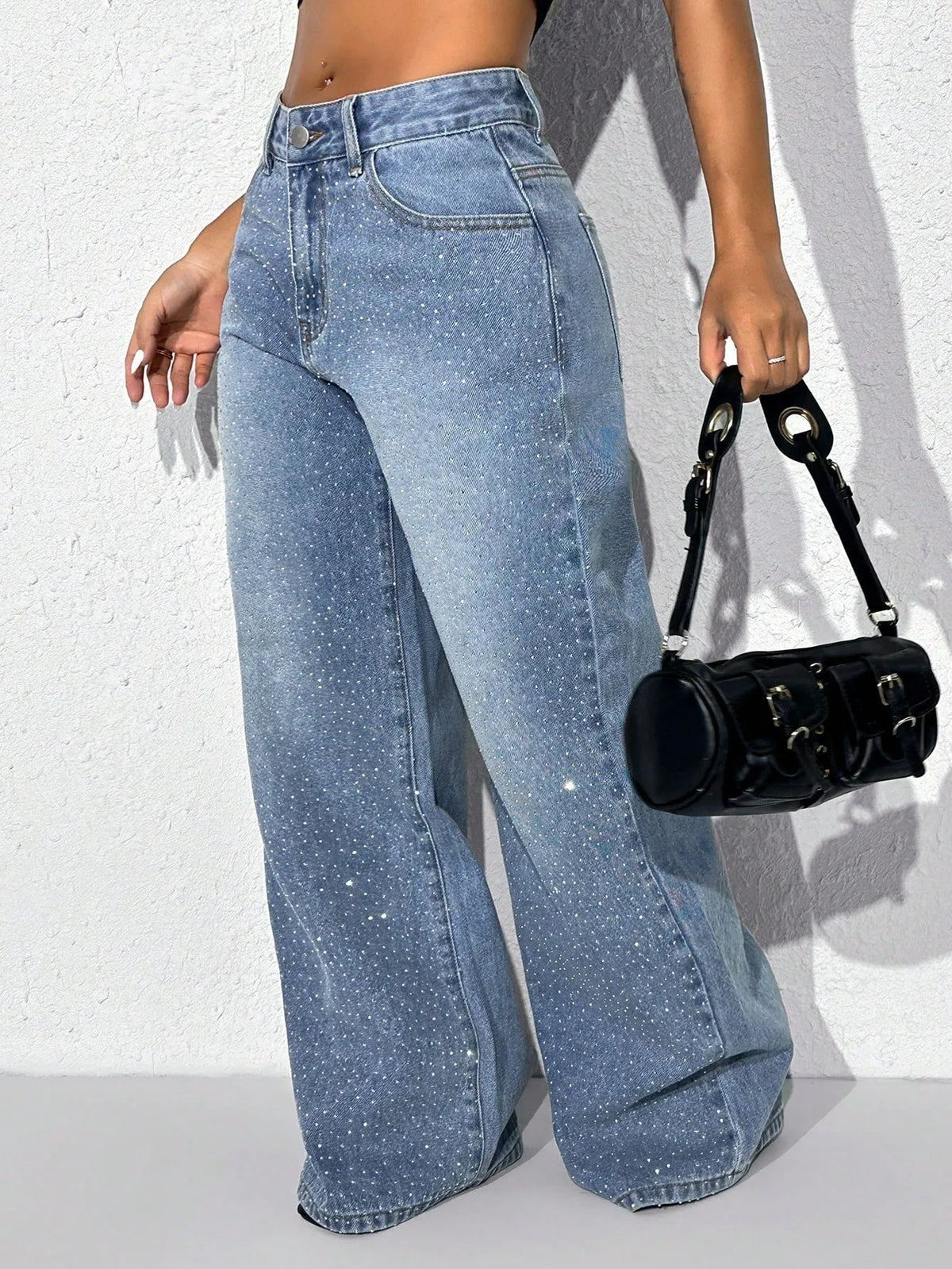 Jeans da Donna a Vita Alta con Strass, Gamba Larga, Lavaggio Chiaro, Pantaloni in Denim Scintillanti a Gamba Dritta