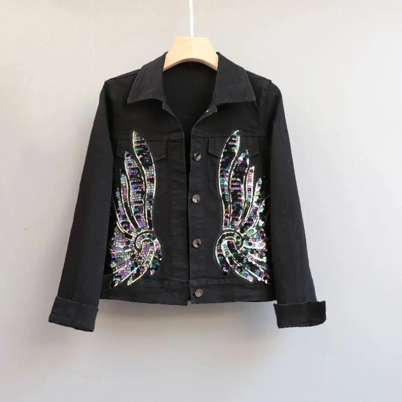 Giacca di Jeans Bianca con Paillettes da Donna, Abbigliamento Streetwear Primavera Autunno 2026, Nuova Giacca Corta Slim alla Moda con Ricami, Giacche in Denim Elasticizzato