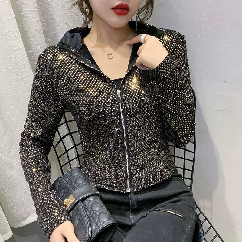 Giacca Autunnale da Donna, Nuova Giacca Corta con Paillettes, Moda Femminile, Manica Lunga, Design Elegante, Camicia Sexy