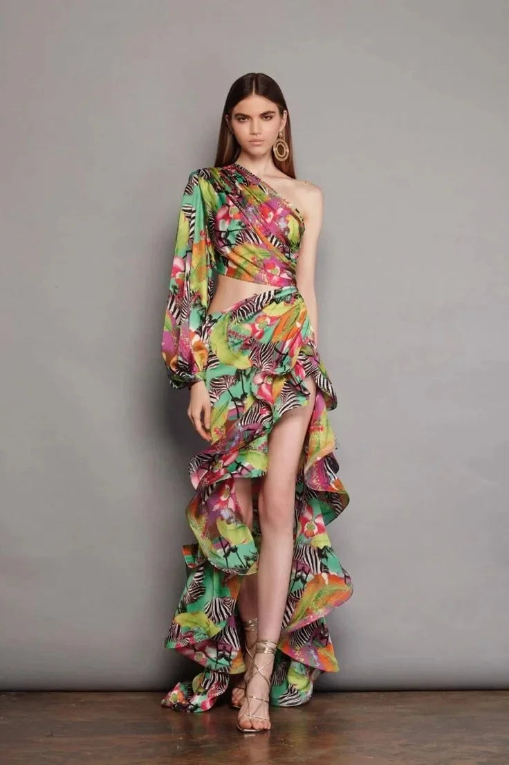 Abito Elegante e Sexy con Stampa Floreale, Orlo Asimmetrico, Collo Alto, Maniche a Palloncino, Lunghezza al Ginocchio