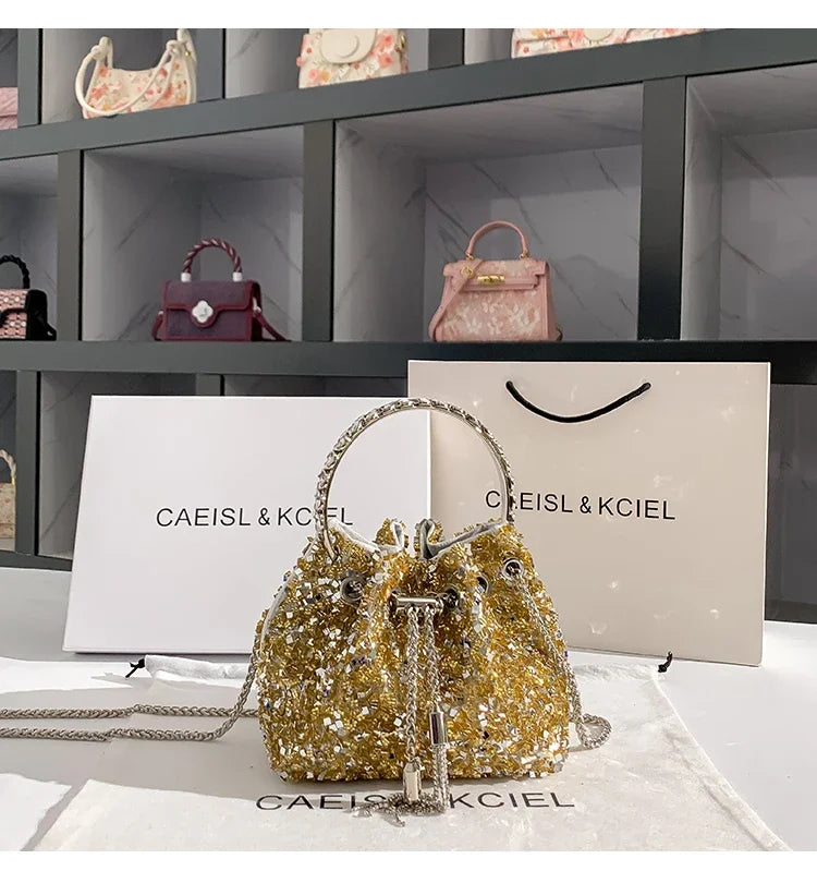 Borsa a mano da donna di lusso in metallo con paillettes scintillanti, pochette da sera, borsa a secchiello per feste di matrimonio, borsa a tracolla messenger