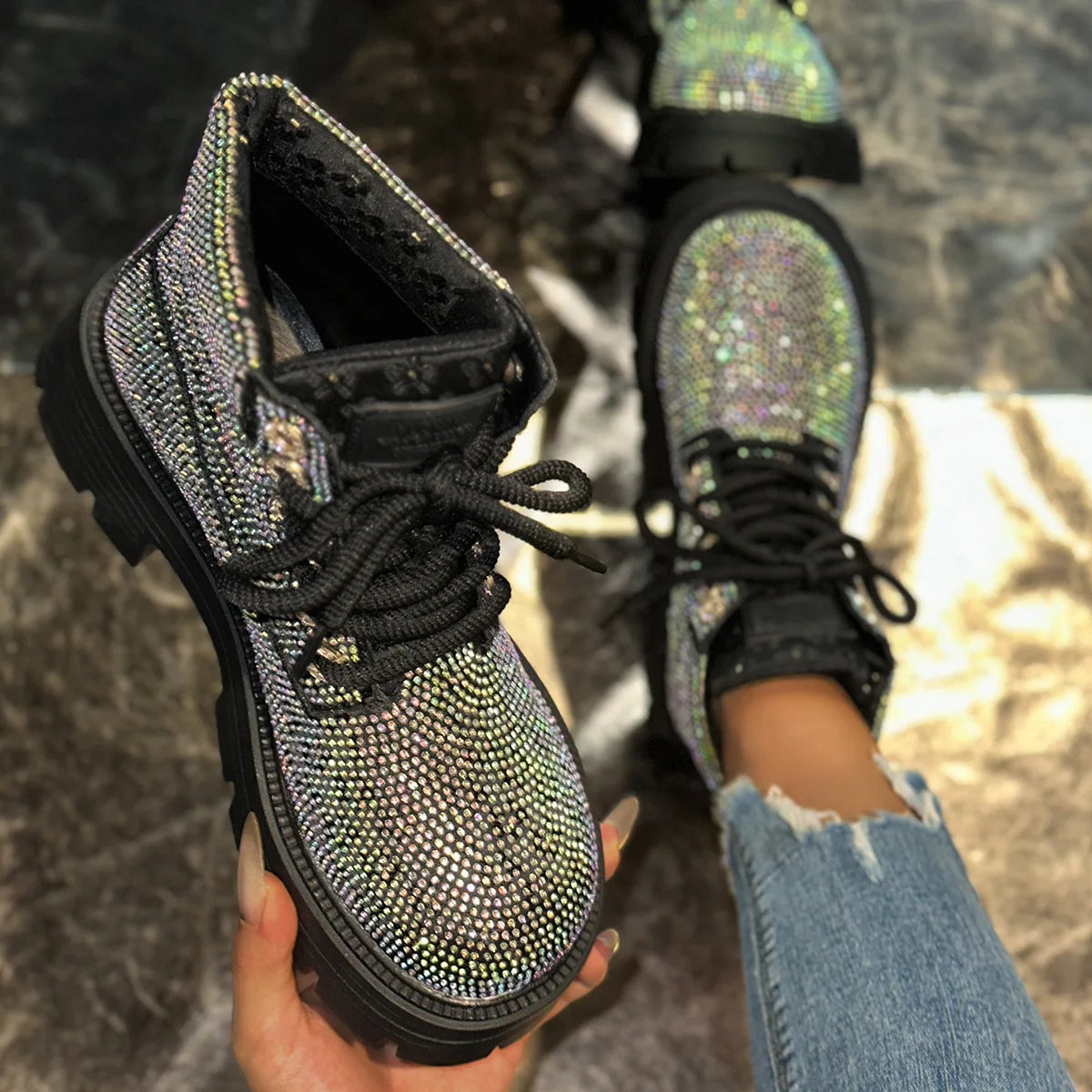 Stivali con Tacco Alto da Donna, Scarpe da Skate in Tela, Stivali da Donna con Strass Luccicanti, Scarpe Casual da Donna alla Moda con Piattaforma