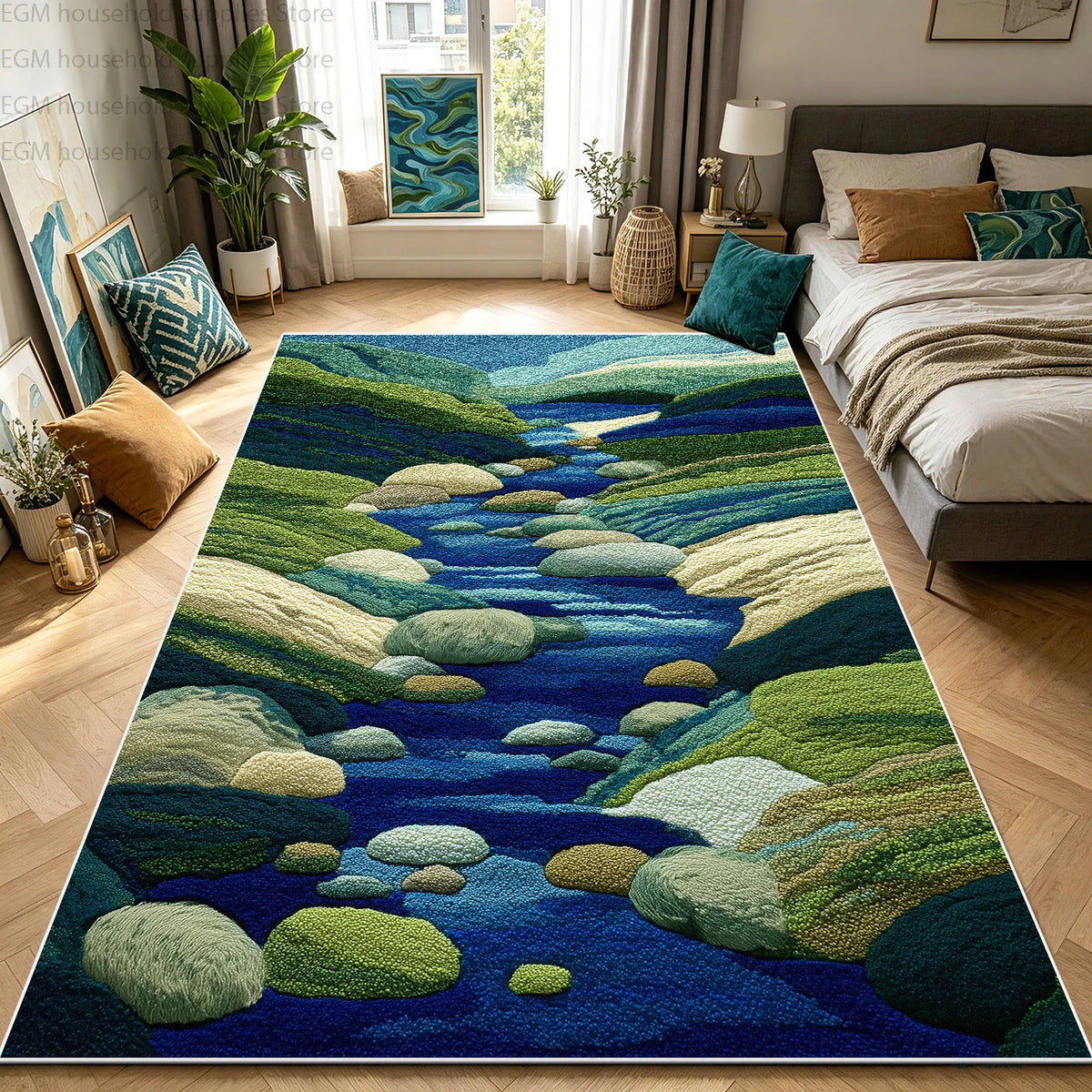 Blue Green River 3D Nature Landscape Carpet for Living Room Bedroom Large Area Rug Washable Non-slip Soft Fluffy Decor Floor Mat