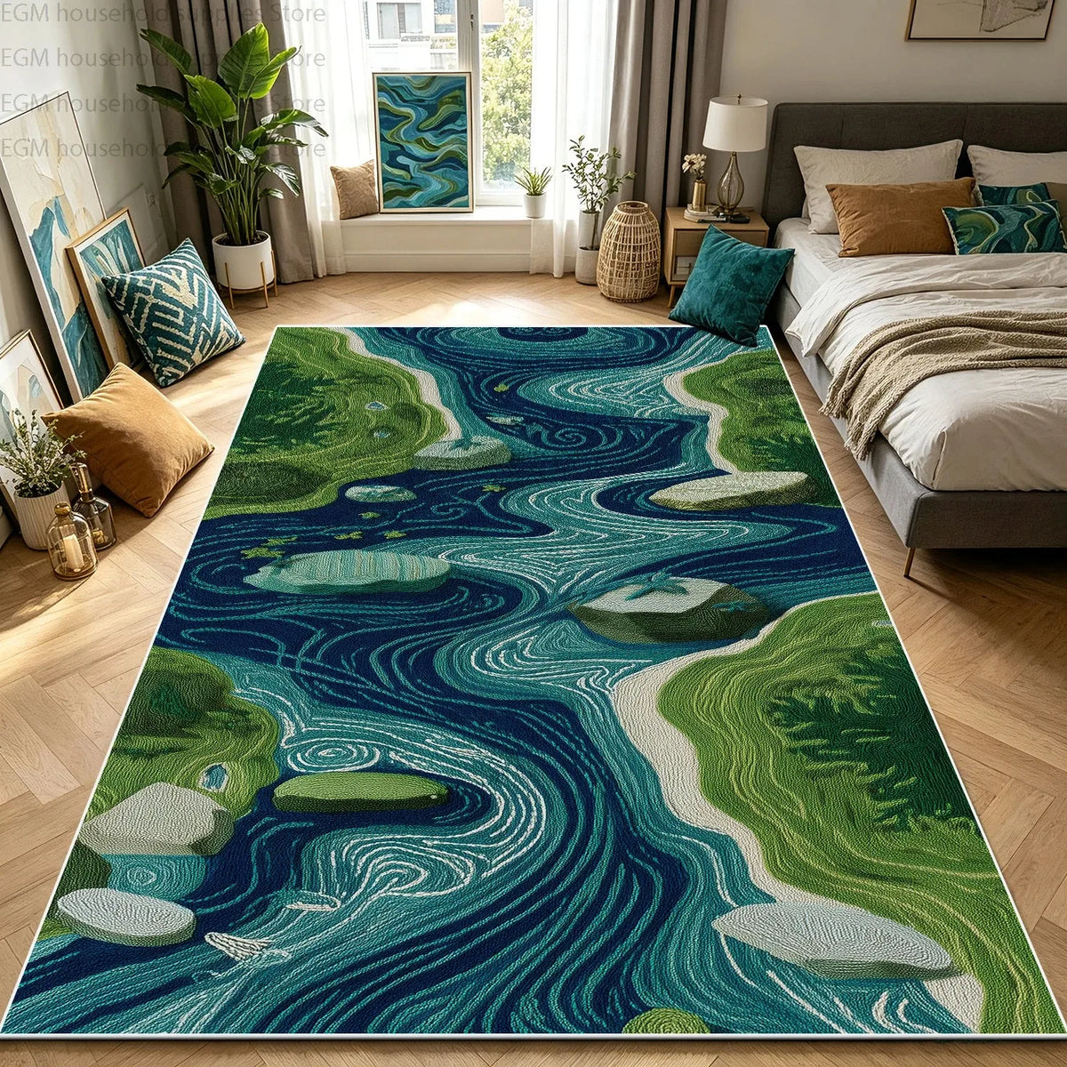 Blue Green River 3D Nature Landscape Carpet for Living Room Bedroom Large Area Rug Washable Non-slip Soft Fluffy Decor Floor Mat