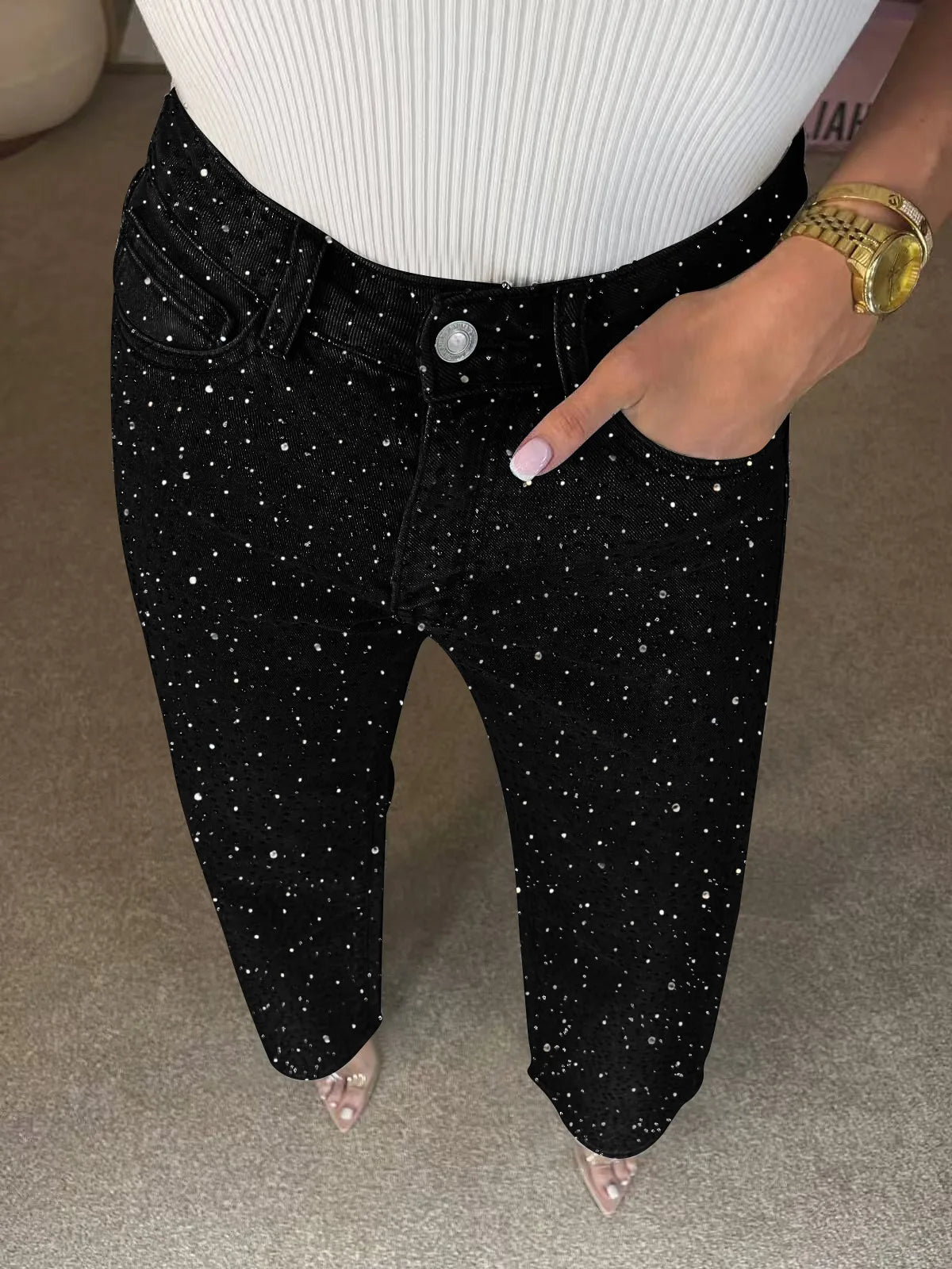 Pantaloni jeans con strass lucidi Pantaloni dritti in denim con diamanti da donna sexy a vita alta eleganti da night club