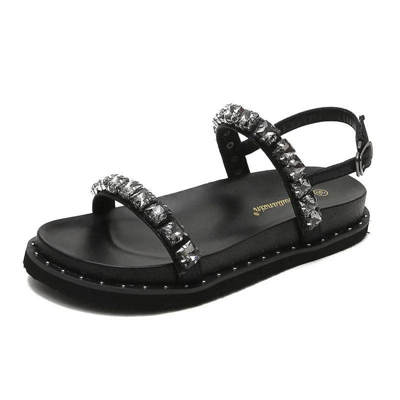sandali con plateau con fascia in strass donna fondo spesso piatto estivo sandali gladiatore mujer perline di cristallo sandali femininas 2025