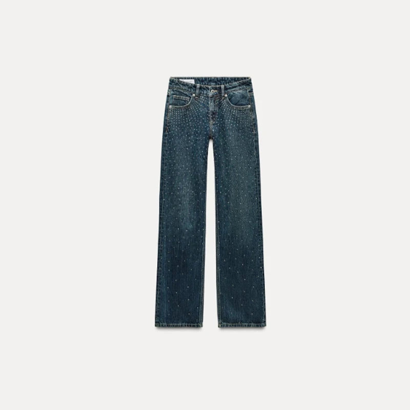 Pantaloni da donna in denim con diamanti chic Tasche a vita media con glitter alla moda Jeans femminili 2025 Pantaloni lunghi da donna di High Street primavera estate