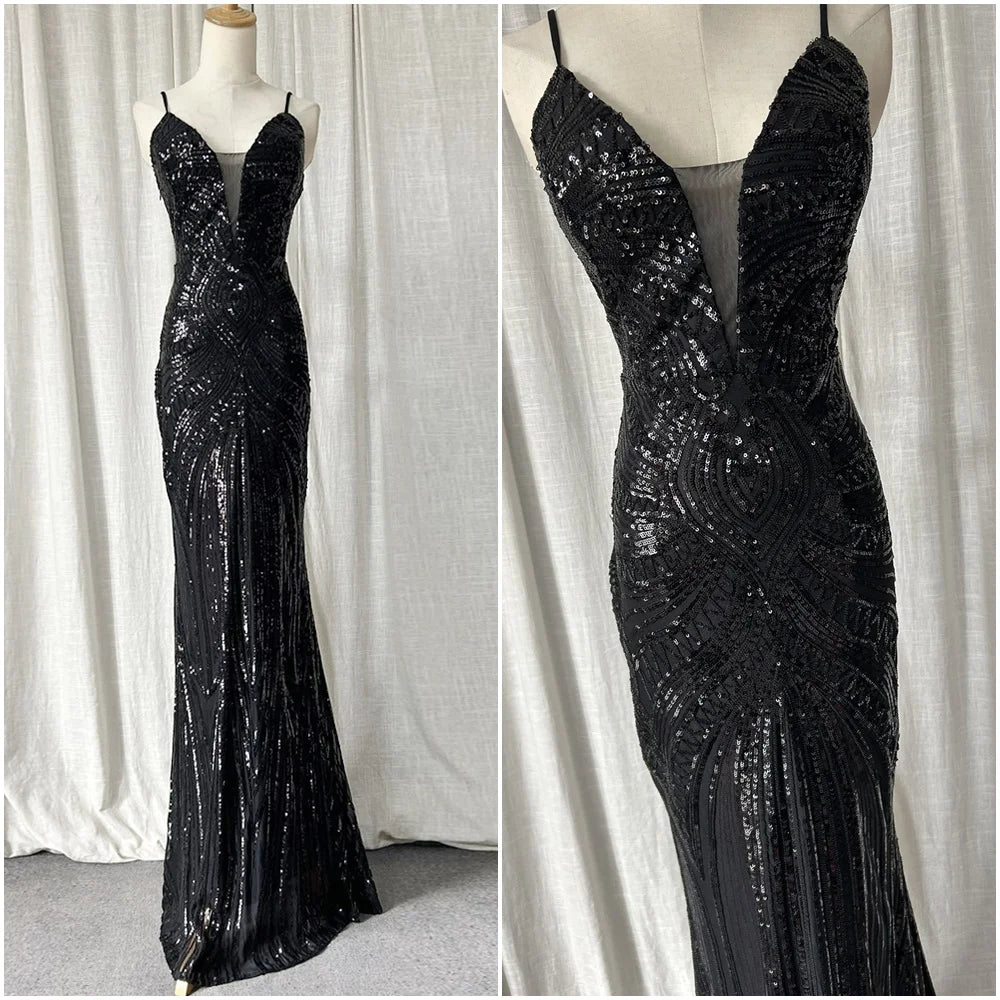 Abito da sera lungo nero semplice con paillettes, modello a sirena, spalline sottili, scollo a V, senza schienale, elegante per feste