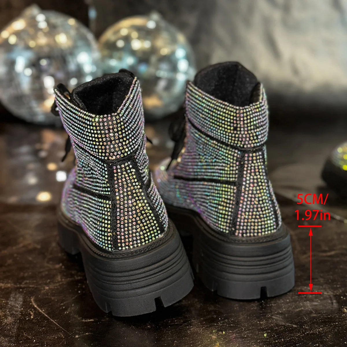 Stivaletti Retrò Autunno Inverno Nuovi con Strass e Lacci Punta Tonda Plateau Scarpe da Donna Taglie Grandi
