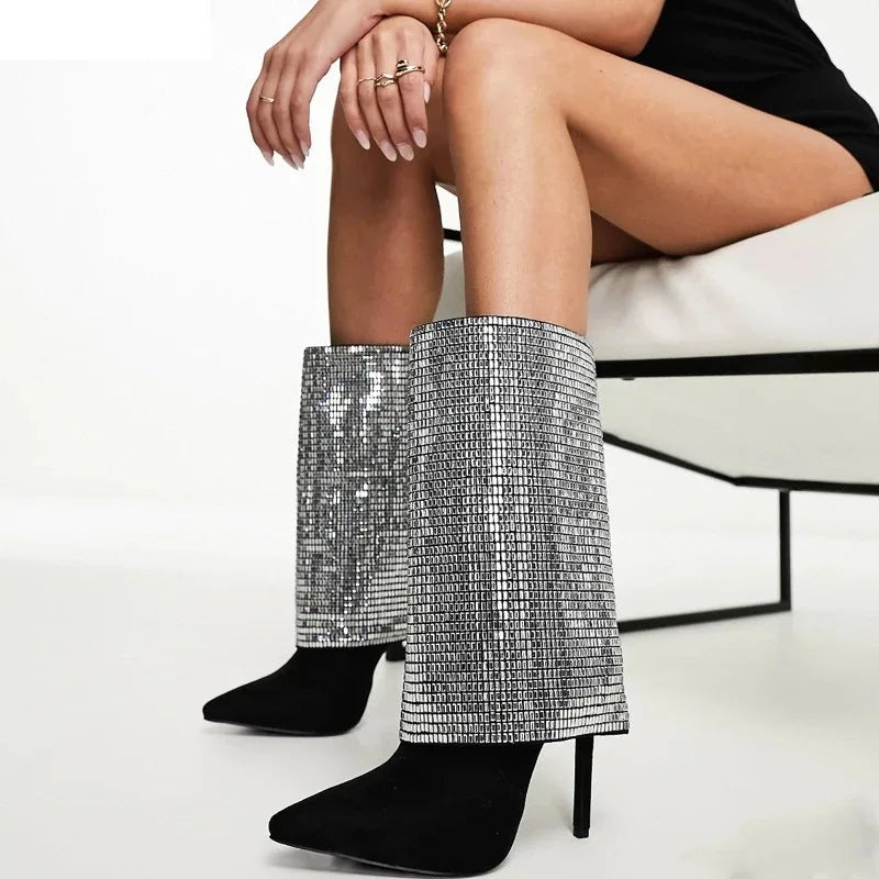 Stivali da Donna con Strass e Frange, Punta Affusolata, Tacco a Spillo, Design con Cerniera, Taglie Grandi