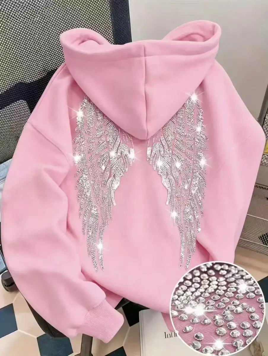 Felpa con cappuccio casual e ampio, design minimalista di tendenza 2026 con ali e strass, giacca pullover