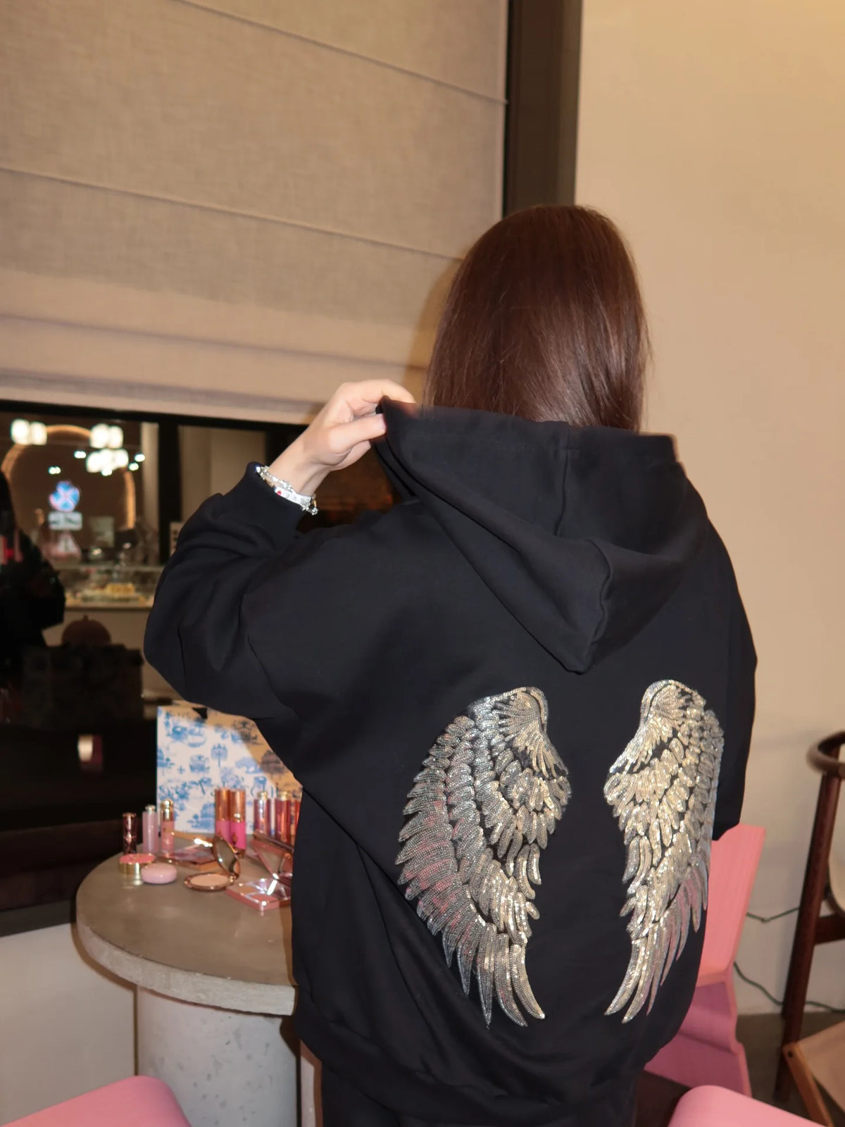 Felpa con cappuccio ricamata con ali con paillettes gotiche Pullover a maniche lunghe larghi oversize da donna Felpe Y2k slim retrò Top vestiti