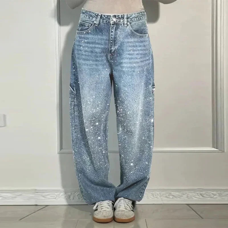 Jeans larghi a gamba larga da donna con strass lucidi Pantaloni in denim a gamba larga con diamanti pieni Pantaloni lavati vintage Pantaloni casual