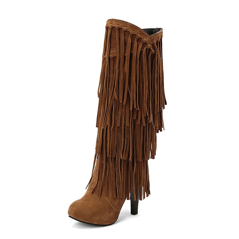 2022 primavera nuovo tacco alto con scollo a v con frange stivali da donna punta tonda impermeabile moda Sexy Set di piedi stivali da principessa