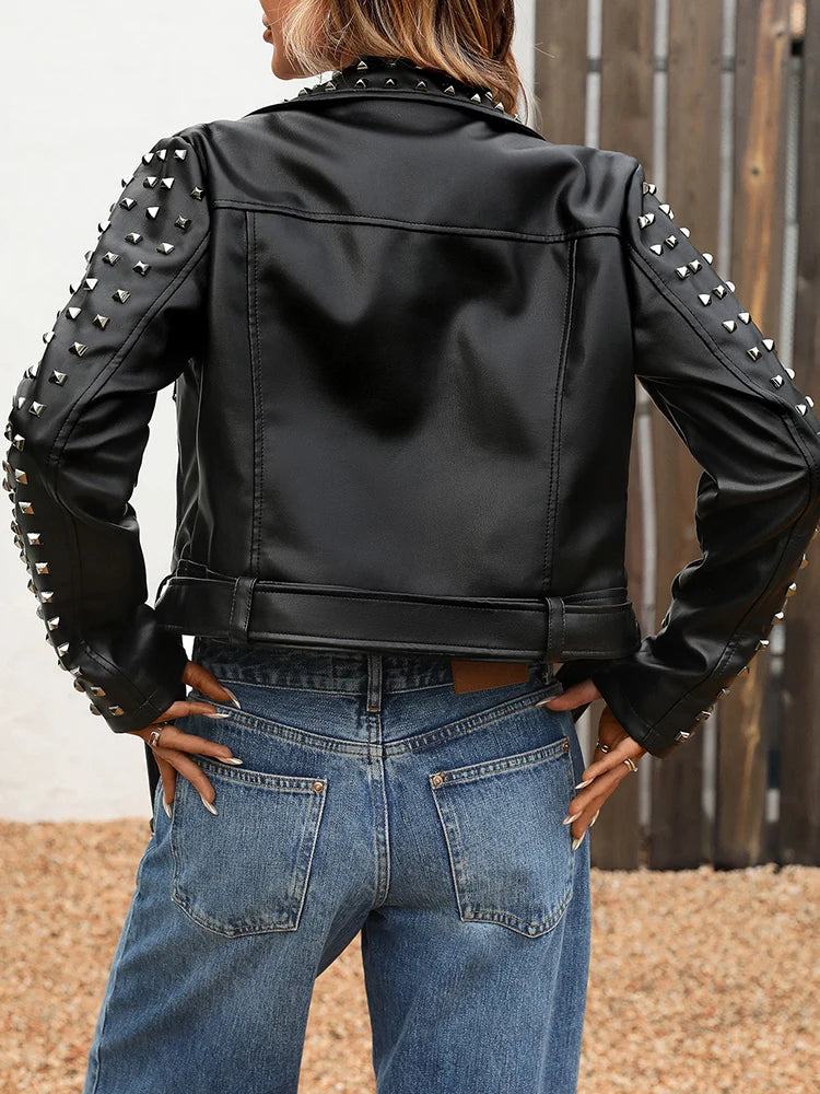 Ailegogo Nuove donne Moto Biker Rivetto Cintura Cerniera Giacca in ecopelle nera Steetwear Cappotto femminile primavera autunno Capispalla