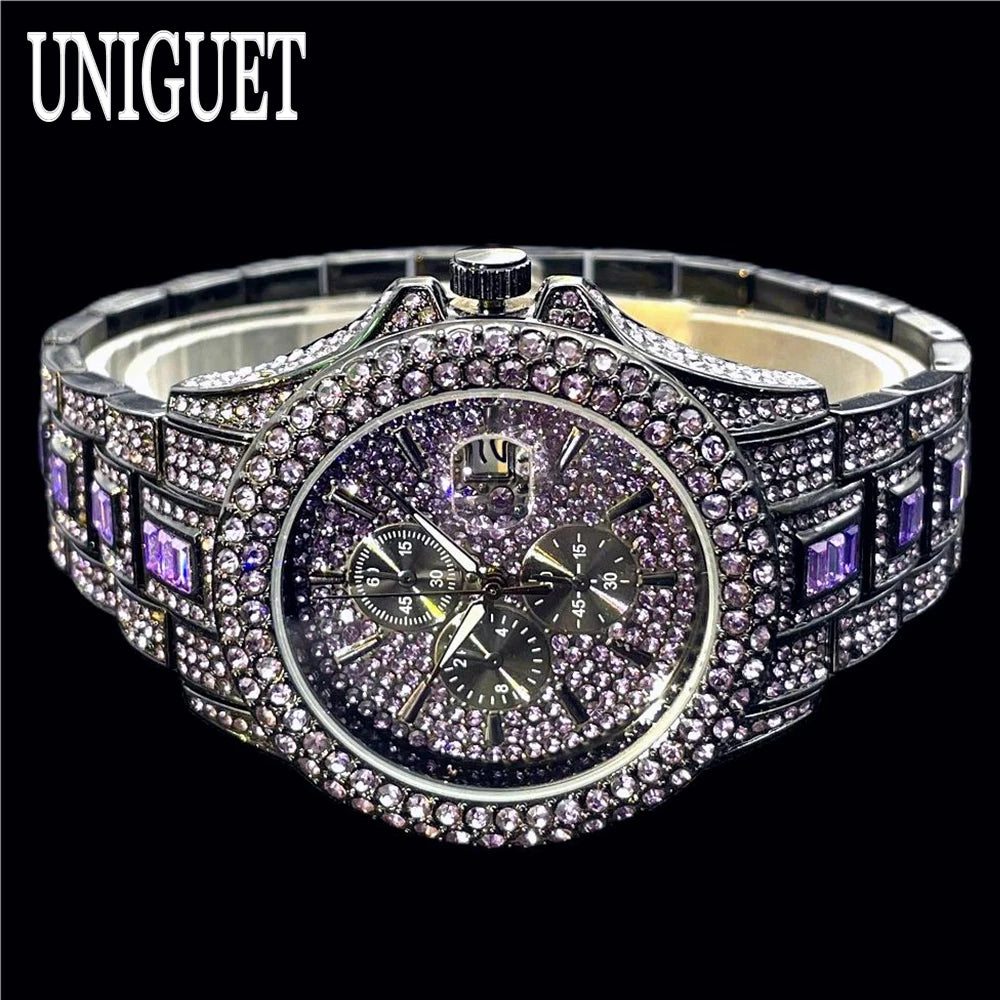 Vendita calda orologio rosso ghiaccio per uomo marchio di moda UNIGUET Hip Hop pieno di diamanti gioielli in acciaio inossidabile di lusso orologio da polso al quarzo uomo