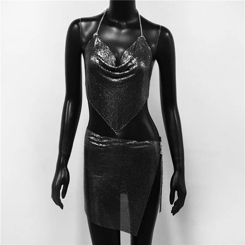 FestivalQueen Set da due pezzi con paillettes metalliche glitterate sexy da donna con minigonne Festival Party Club Wear Top corto senza schienale