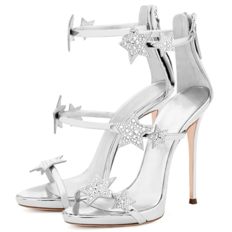 Nuovi Sandali Estivi da Donna con Diamanti e Bottoni a Stella, Tacchi a Spillo, Scarpe da Sposa Sexy con Punta Aperta, Tacchi Sottili, Calzature di Lusso di Nicchia