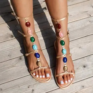 2024 Nuovo stile bohemien Moda Estate Nuovi sandali romani Gemma intarsiata Scarpe da spiaggia taglie forti Scarpe da donna
