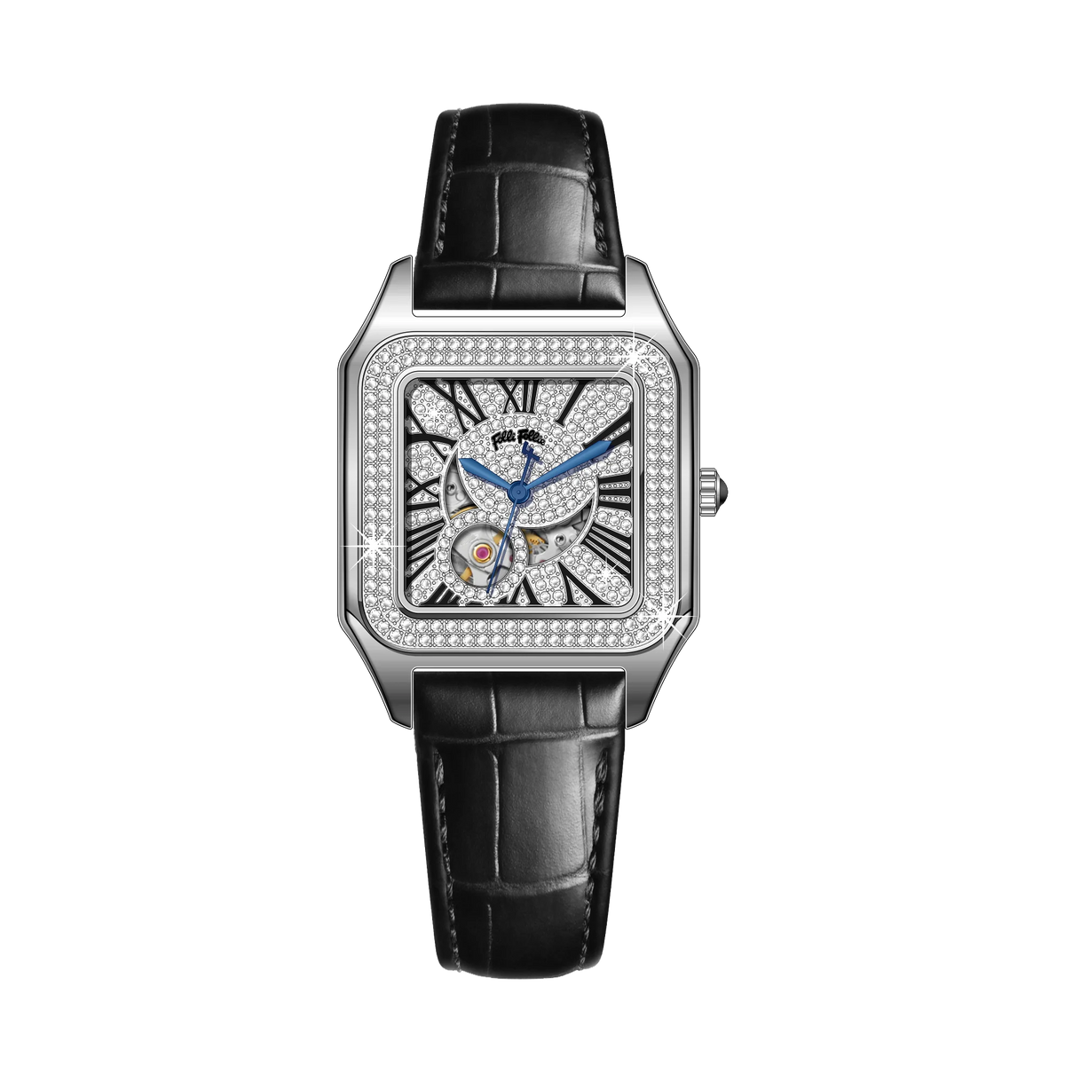 FolliFollie Orologio da donna automatico con quadrante in oro rosa e diamanti con numeri romani, cinturino in pelle, orologio da donna di lusso