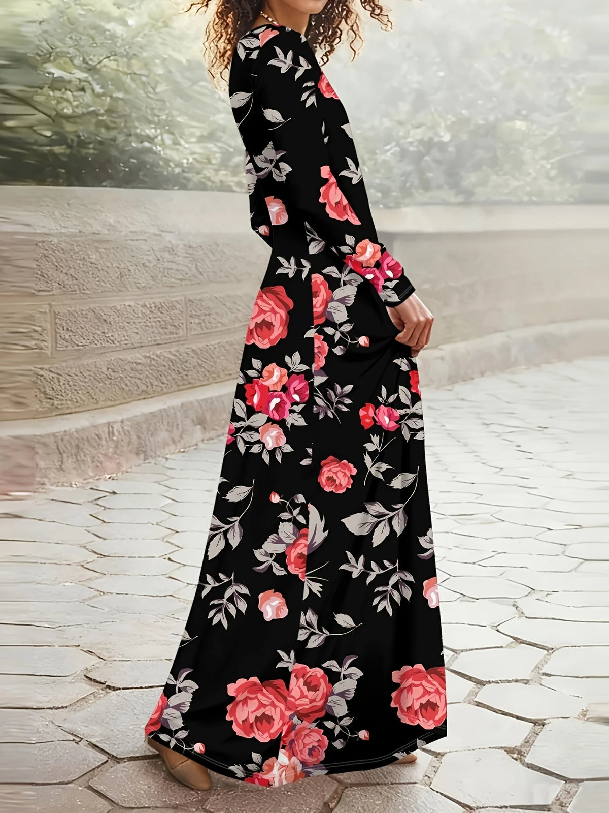Abito Midi Floreale Elegante Maniche Lunghe