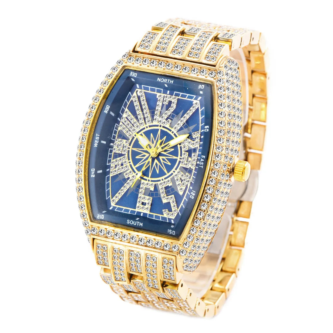 Orologio da uomo di lusso in cristallo Bling Iced-Out Tonneau orologi in oro orologio analogico al quarzo con diamanti di moda con bracciale in acciaio inossidabile