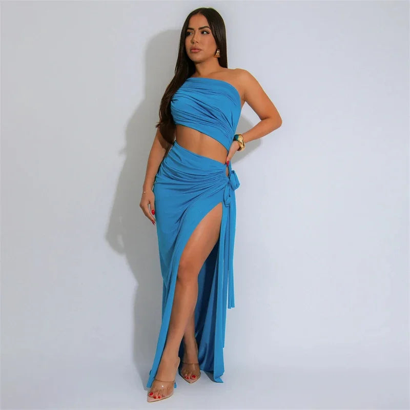 Abiti da festa sexy scollati con spacco alto Abbigliamento donna Night Club Increspato senza spalline senza maniche Backless Prom Maxi Dress Vacation