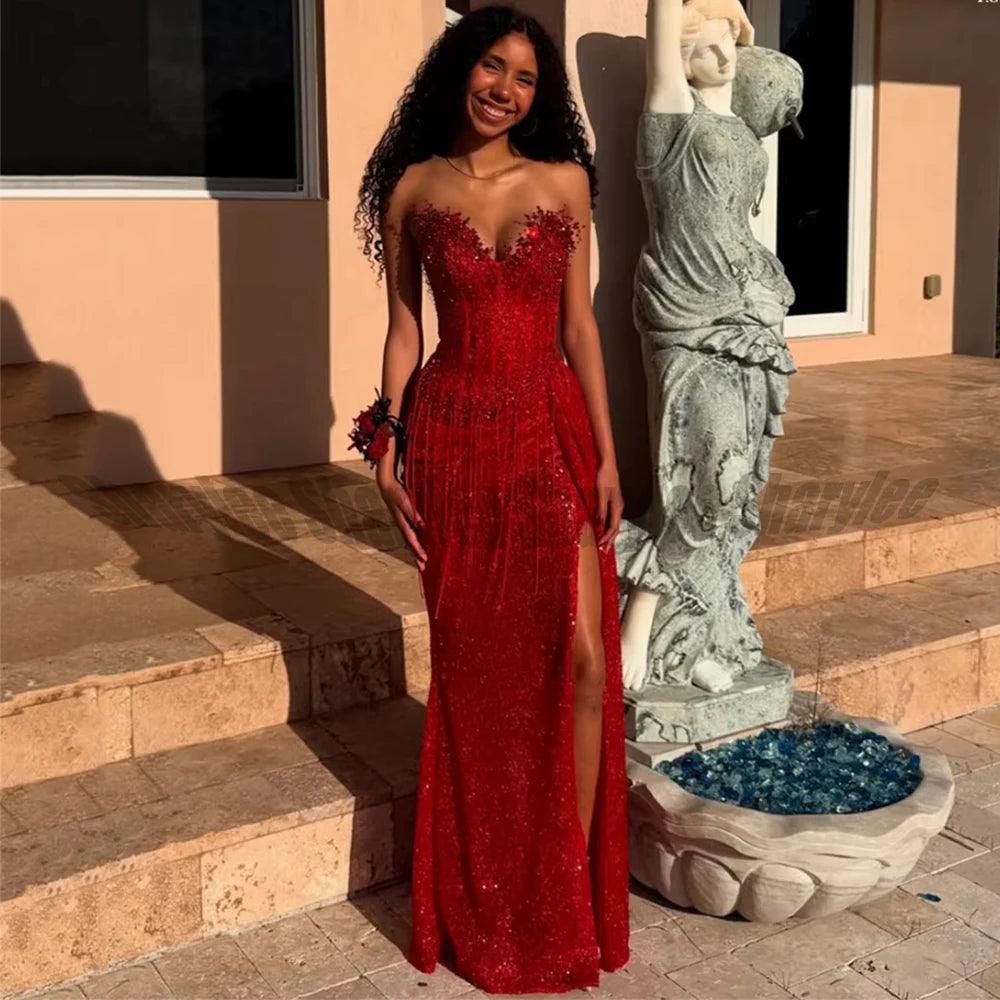 Abito da ballo rosso personalizzato con corsetto a tromba, spacco laterale alto, pieghe, senza maniche, Vestidos De Noche, lungo fino al pavimento, formale da sera