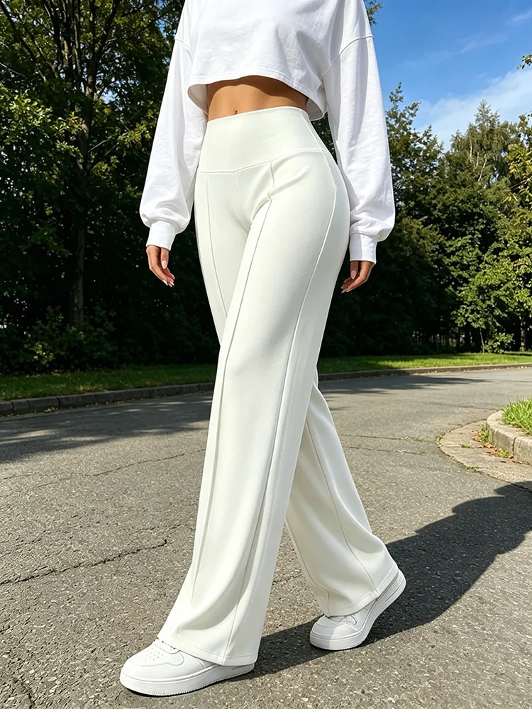 Pantaloni Eleganti da Donna Bianchi a Gamba Larga, Realizzati in Tessuto Resistente. Adatto per occasioni quotidiane o formali, allenamenti, yoga e sport.