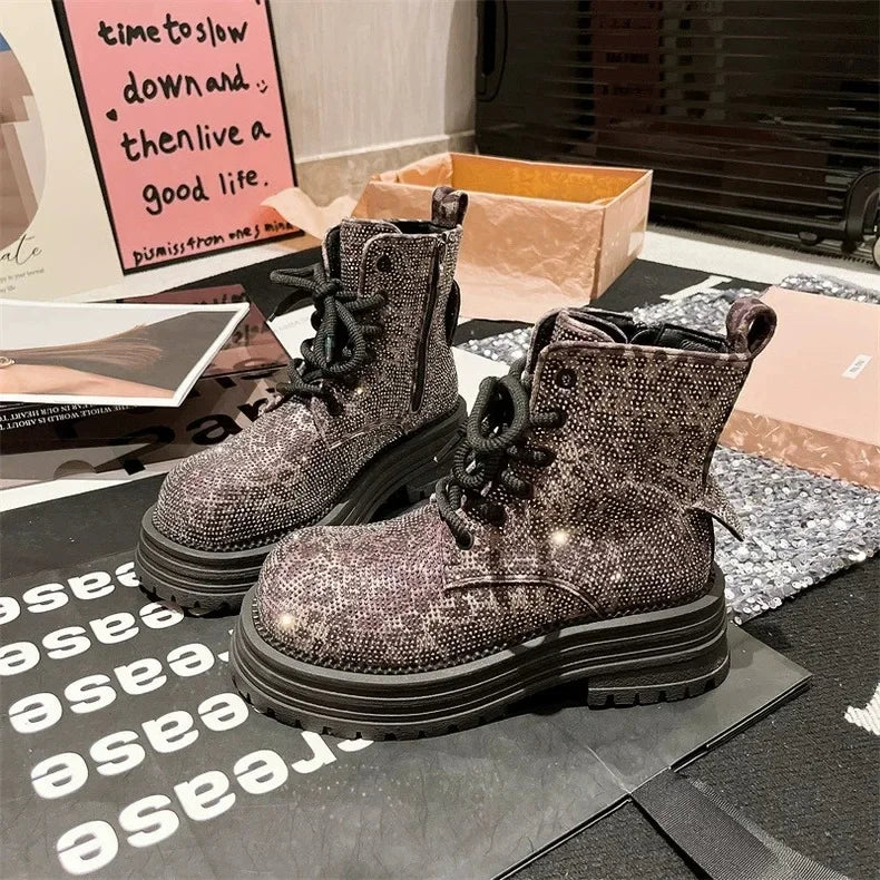 Stivali da donna invernali con stampa leopardata con lacci e strass stivaletti corti antiscivolo con piattaforma alla moda all'aperto stivali da cavaliere Botas Mujer