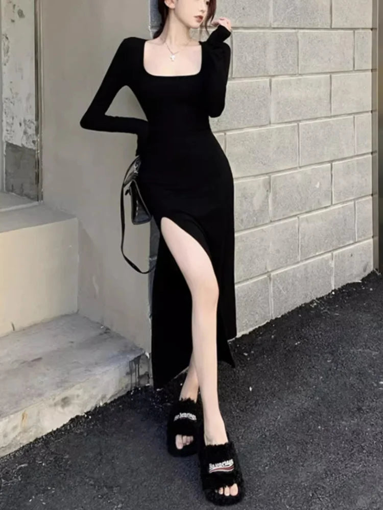 Abito sexy con spacco laterale per donna Abiti aderenti avvolgenti sopra il ginocchio Abiti a maniche lunghe Nero Street Bodycon Primavera Autunno