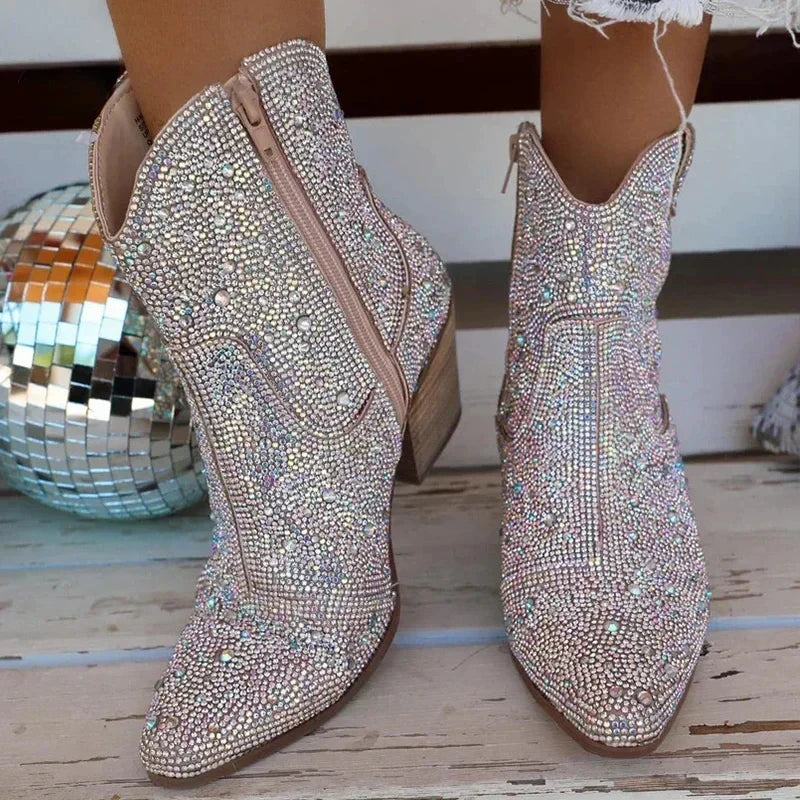 Stivali da cowboy occidentali Moda Donna Stivaletti Glitter Bling Tendenza lucida Tacchi alti Scarpe sexy di alta qualità Botas De Mujer 2024
