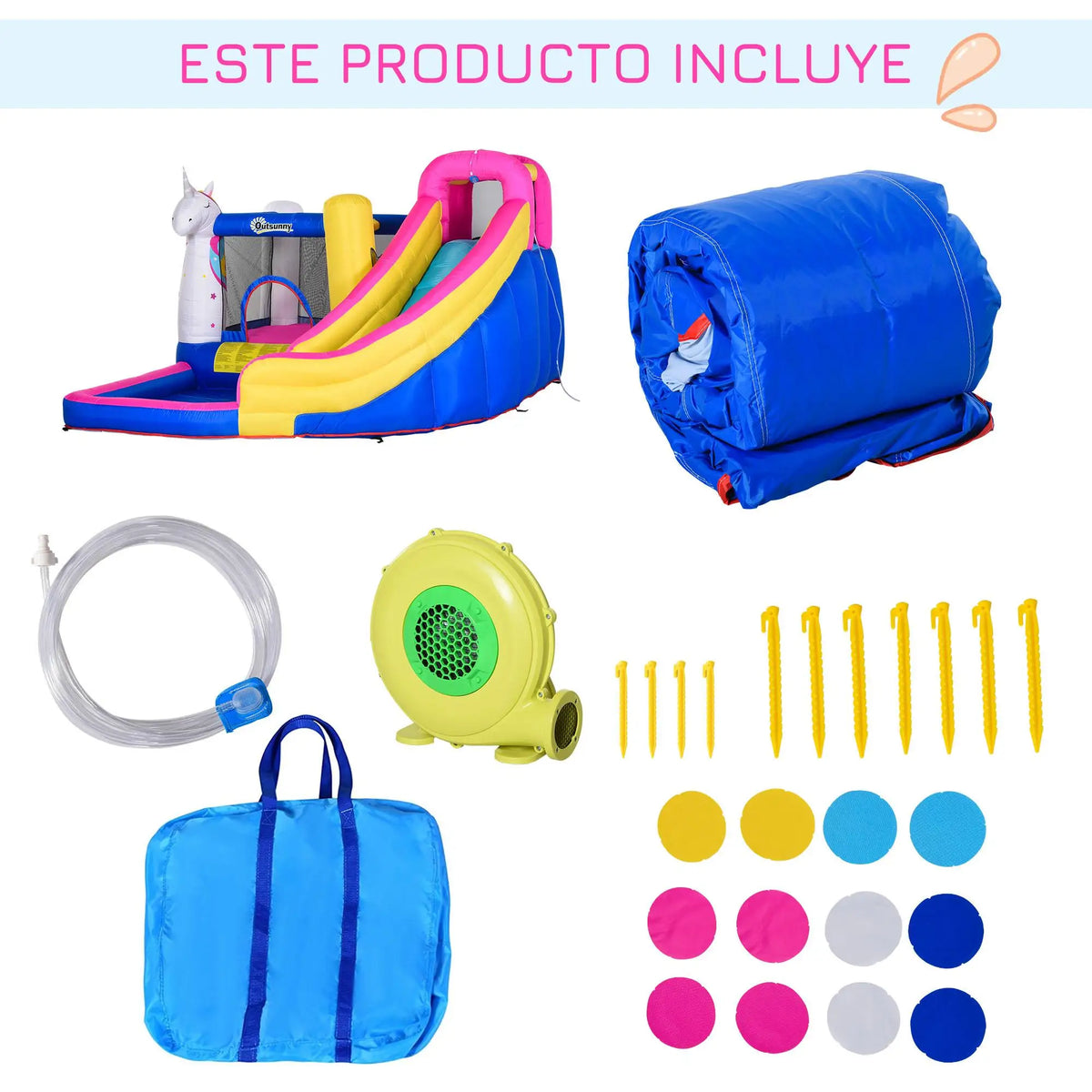 Castillo hinchable unicornio con soplador, tobogán, piscina y canasta de baloncesto 360x305x210cm