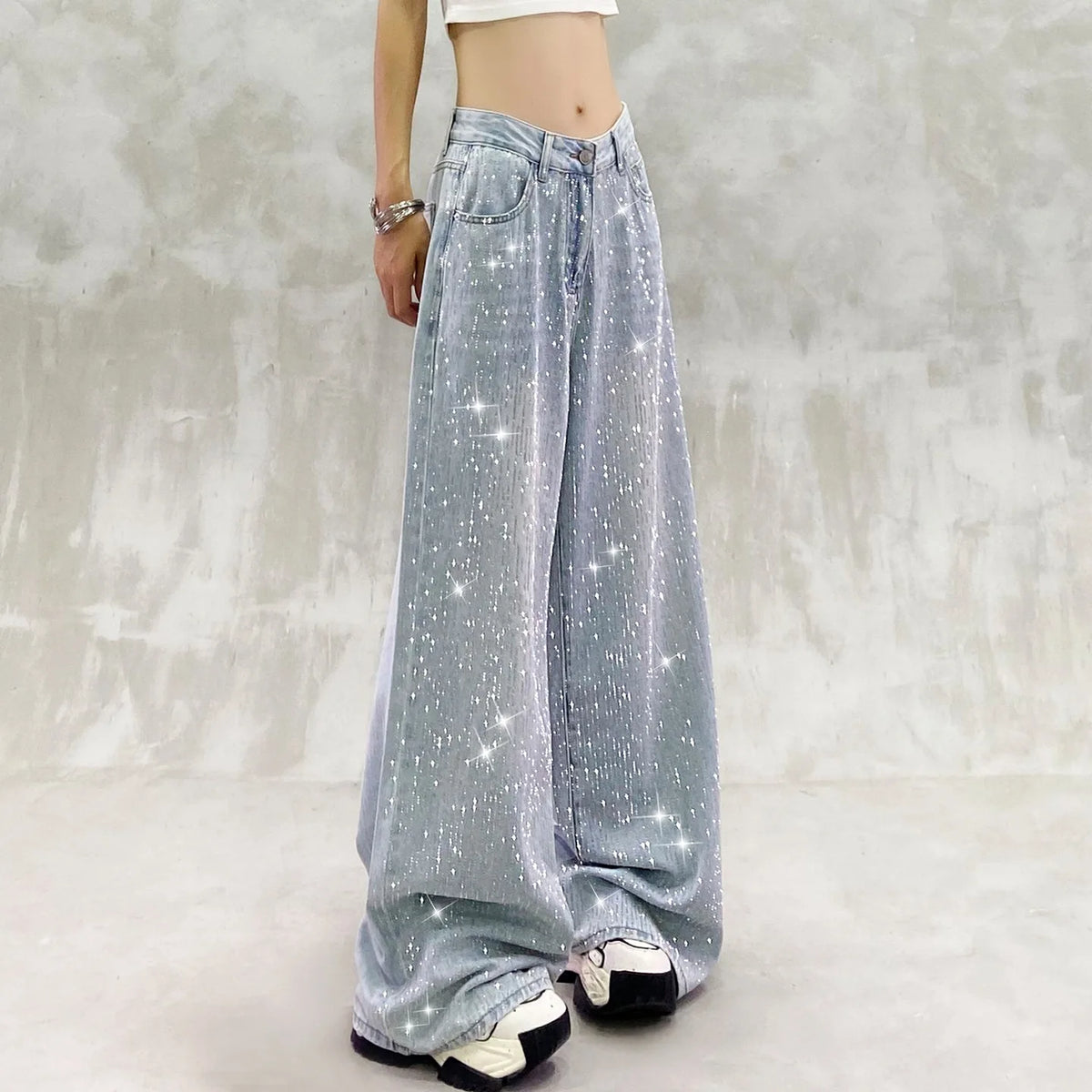 Jeans a Gamba Larga con Diamanti Scintillanti, Vita Alta, Vestibilità Ampia, Lunghezza al Pavimento, Stile Artistico Retrò, Moda Casual, Collezione Primavera