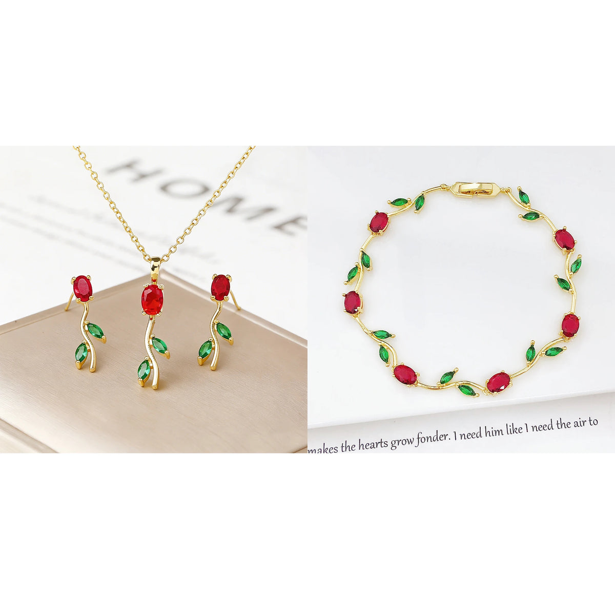 Set di Gioielli 3 Pezzi Lussuoso con Bracciale, Collana e Orecchini a Foglia, Vite e Fiore in Cristallo e Strass, Colorato e di Tendenza, per Donna, Regalo per Feste