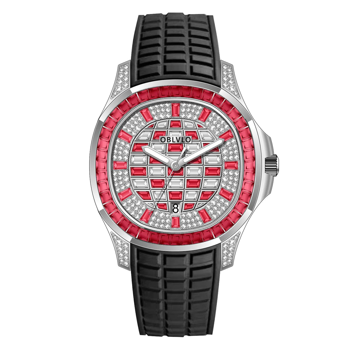 OBLVLO Orologio Automatico da Uomo alla Moda con Quadrante Impreziosito da Cristalli, Display Data, Lunetta con Pietre Baguette, Cinturino in Gomma FM-DSL