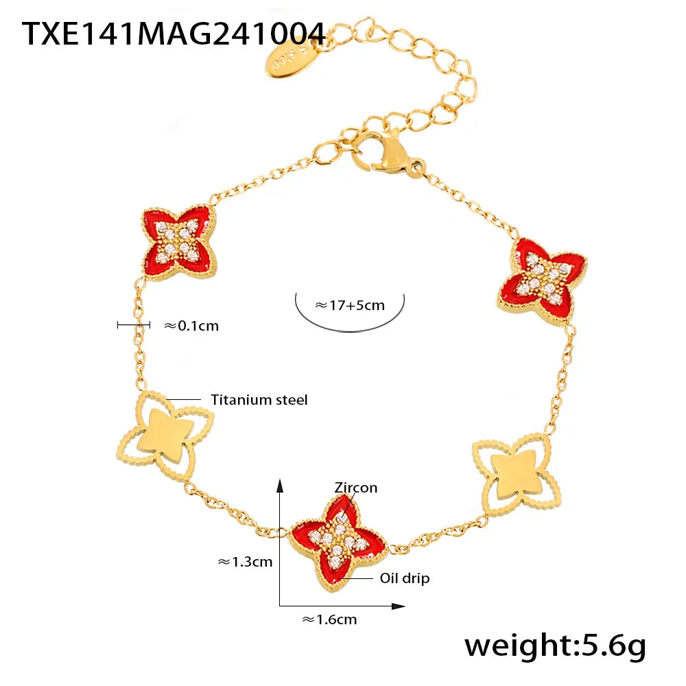Nuovi set di gioielli alla moda con collana e bracciali a catena in acciaio inossidabile per donna, con fiore smaltato rosso e zirconi cubici scintillanti.
