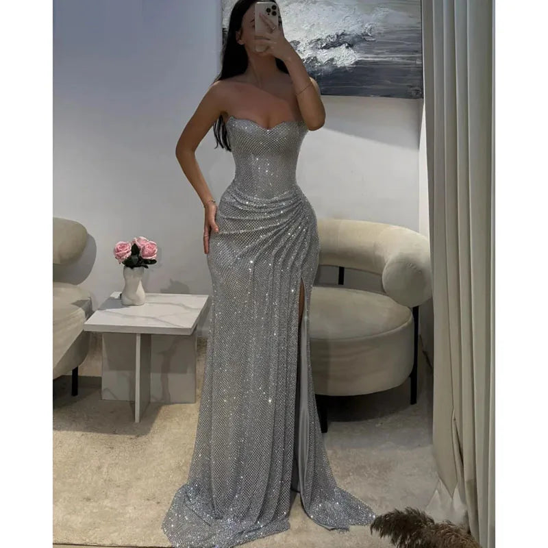 Abiti da Festa Personalizzati EVS, Abiti da Sera a Sirena Senza Spalline 2026, Abiti da Cerimonia Senza Maniche con Paillettes, Eleganti con Spacco Laterale Alto