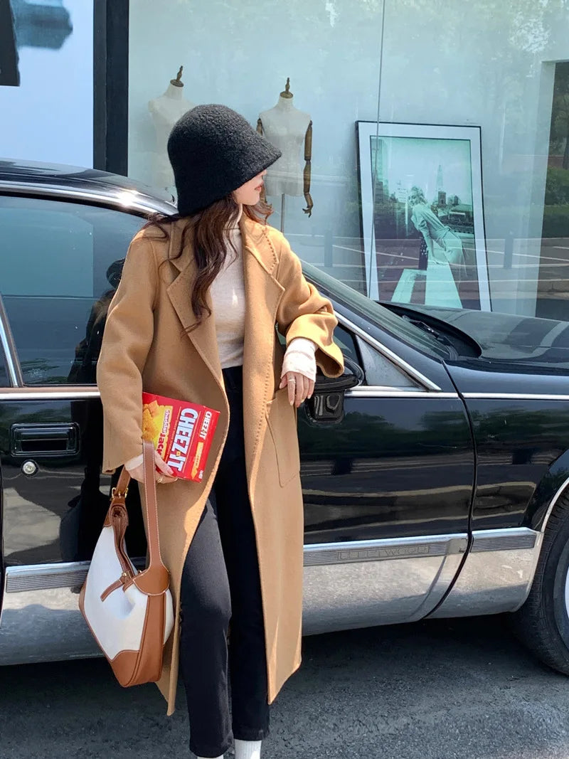 2024 Donne di Inverno di Lusso Fatti A Mano Cappotti di Lana Double Face 100% X-Lunghi Cappotti di Design Coreano Delle Donne Della Tuta Sportiva Cappotti Rosa