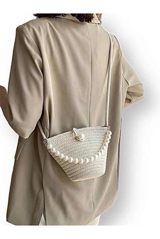 Borsa Baguette Bianca Effetto Perla