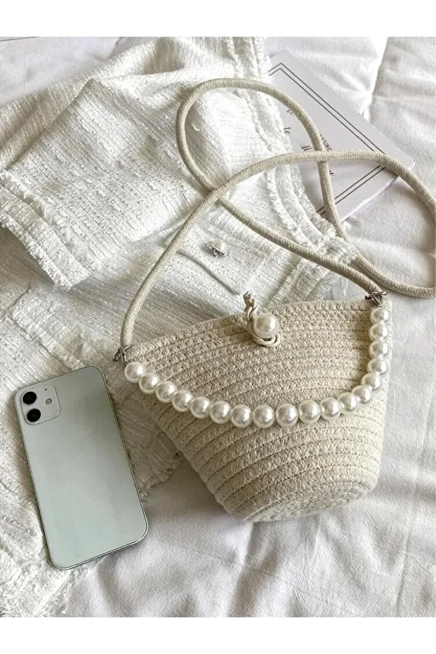 Borsa Baguette Bianca Effetto Perla