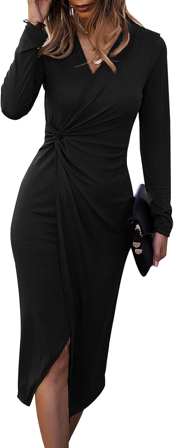 Vestito Midi Aderente a Costine con Scollo a V