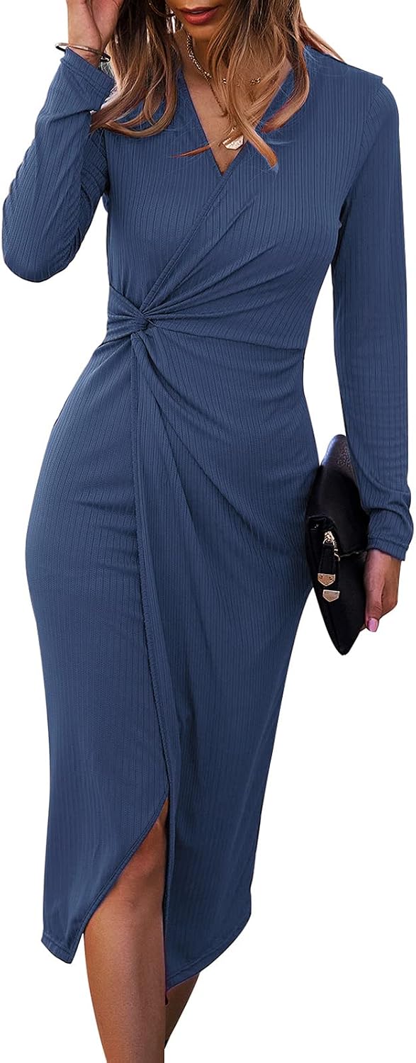 Vestito Midi a Manica Lunga con Spacco Laterale