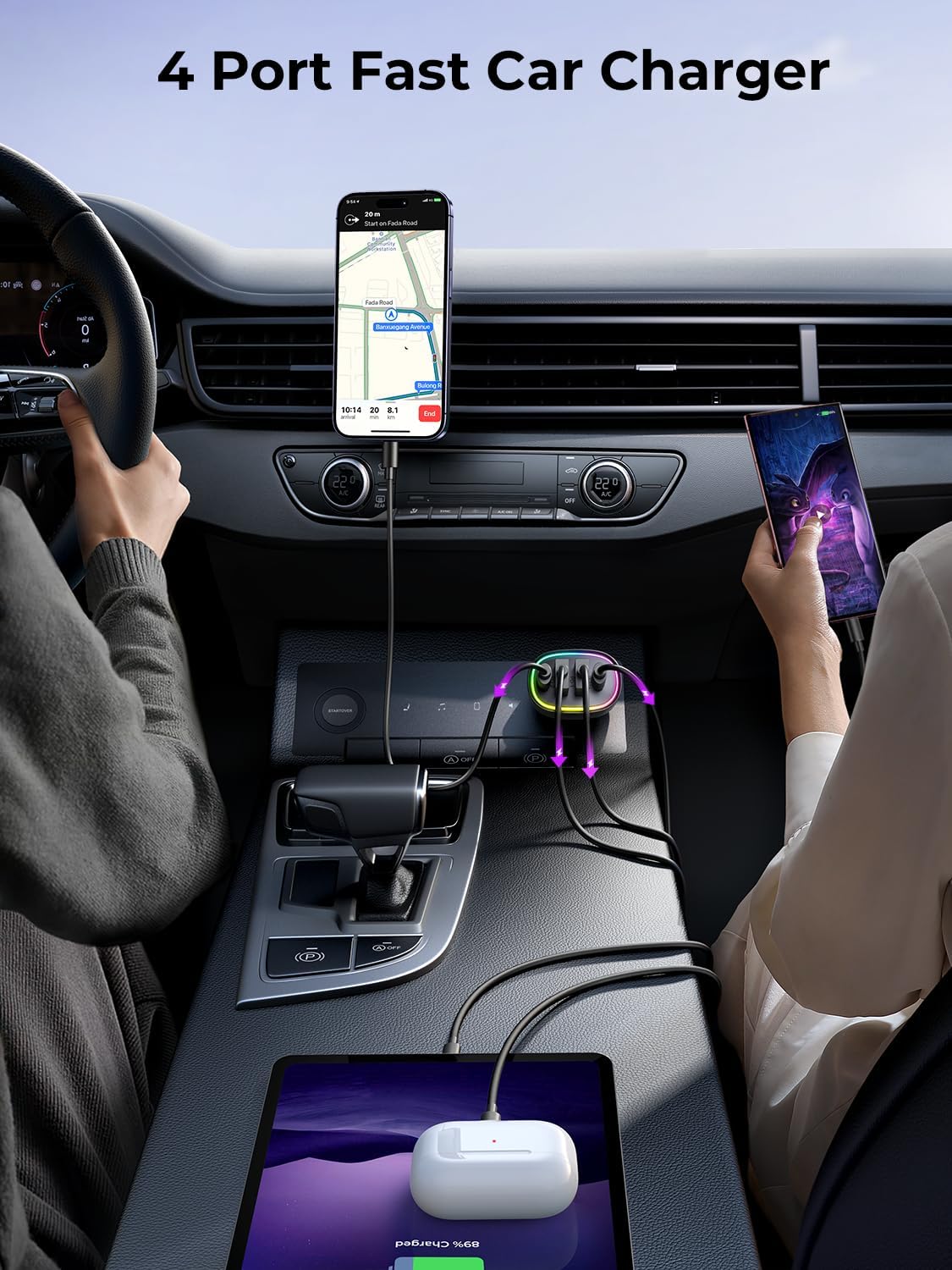 Caricabatterie Auto USB-C 70W 4 Porte Ricarica Rapida