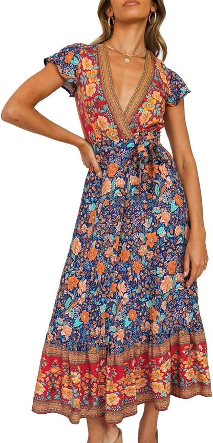Vestito Lungo a Portafoglio Boho con Spacco